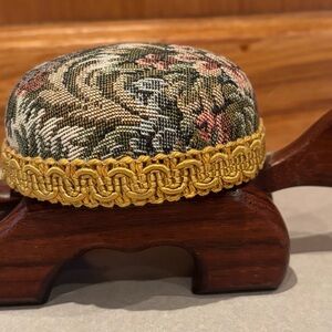 Vintage Tapestry Pin Cushion with Wooden Turtle Base